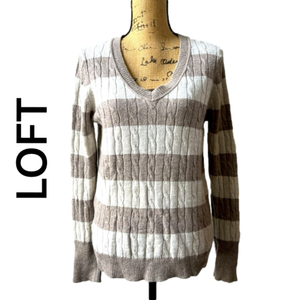 LOFT V-Neck Cable Knit Wool Rabbit Hair Blend Sweater with Glitter Detail Size L
